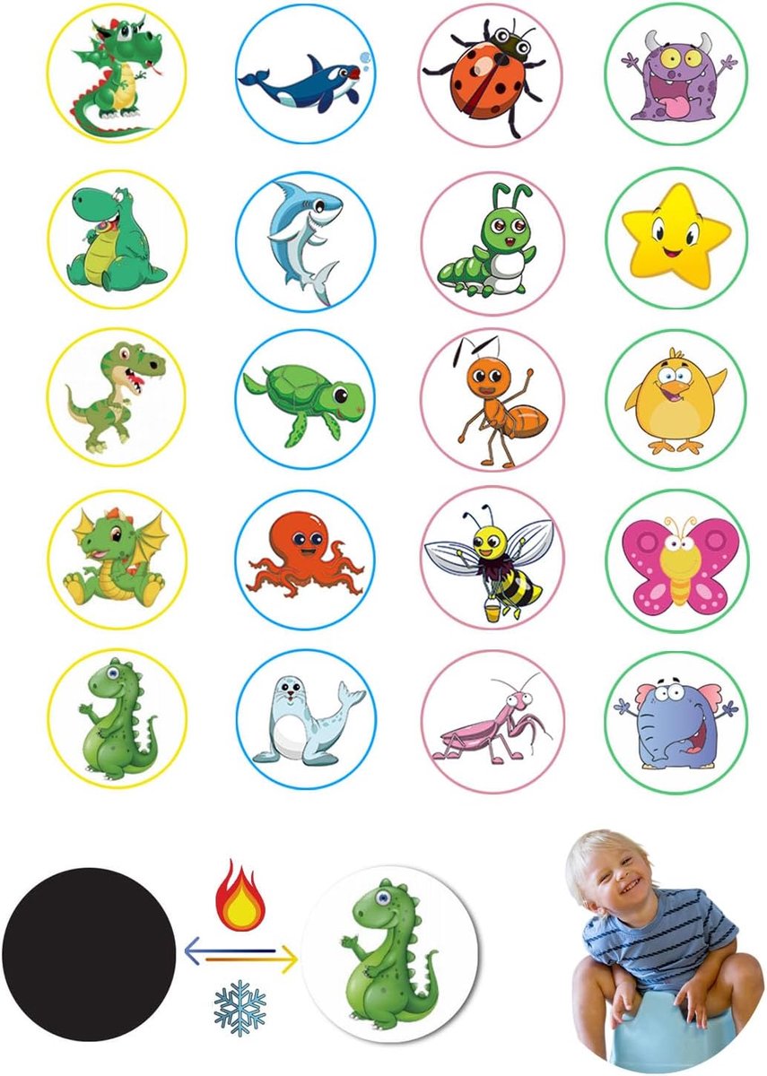 20 stuks potjestrainingsstickers, toiletten, kleurveranderende stickers, pipi-stickers, herbruikbare stickers met patronen, dinosaurus, dieren, insecten, voor jongens, meisjes en peuters
