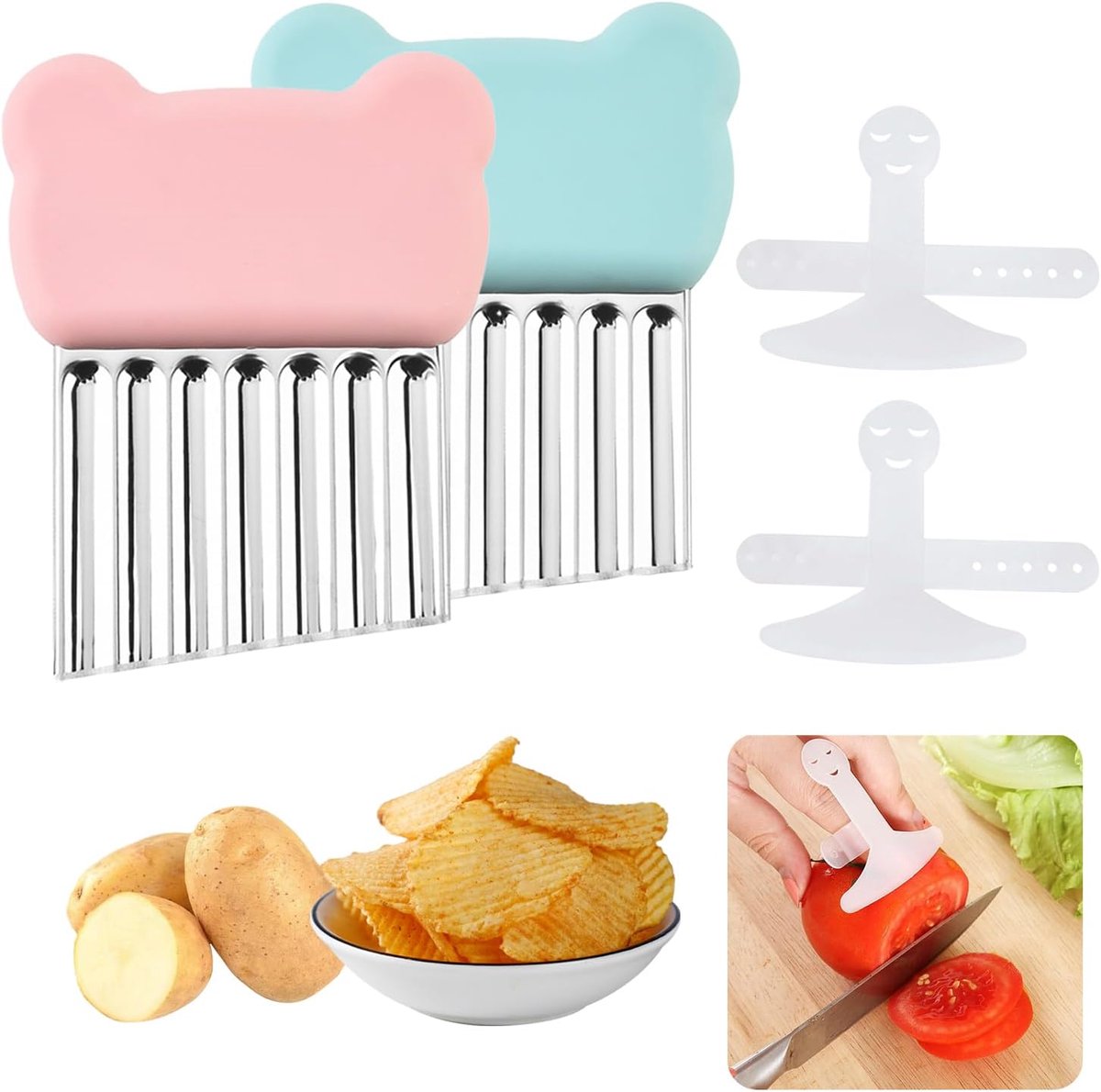 2 stuks aardappelsnijder, aardappelsnijder van roestvrij staal, gegolfde aardappelsnijder, berenmodel, dunne aardappelsnijder met 2 vingerbeschermers, voor fruit, groenten, aardappelen,