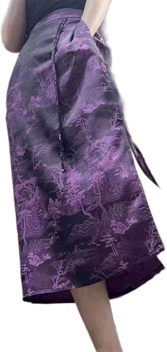 Hoog Getailleerde Rok In Chinese Stijl - Zomer Zijde Satijn Recht Retro Jacquard Zijsplit Ontwerp Bedekte Hippe Rok, Mode Zachte Zijdeachtige Veelzijdige Gedrapeerde Rok,Purple,S
