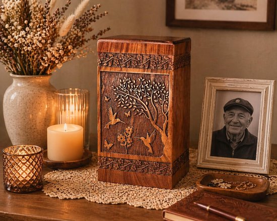 Animal Design Handgemaakte Houten Crematie Urn Box voor Volwassenen Mannelijke Vrouwelijke Urn Menselijke As Houder Doos voor Woonkamer Deco (8 x 4,75 x 4,75 Inch = Klein - 45,4 kg) — afbeelding 2