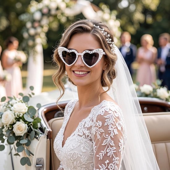 Parels, hartvormige zonnebril, Just Married decoratie, UV400-bescherming, bruid, zonnebril, kattenogen, zonnebril voor bruiloft, vrijgezellenbril, vrouwen, bruiloft, feestbril — afbeelding 4