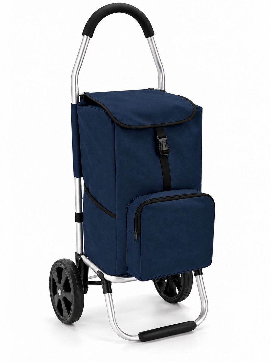 Dreamble® | Luxe Boodschappentrolley | Boodschappenwagen | Donkerblauw | Extra Hoog (103cm) en groot (50 Liter) | Koelvak met rits | 2 ophanghaken | Extra grote wielen | Steekwagenfunctie | Opvouwbaar | Lichtgewicht | 4 extra vakken | Waterdicht