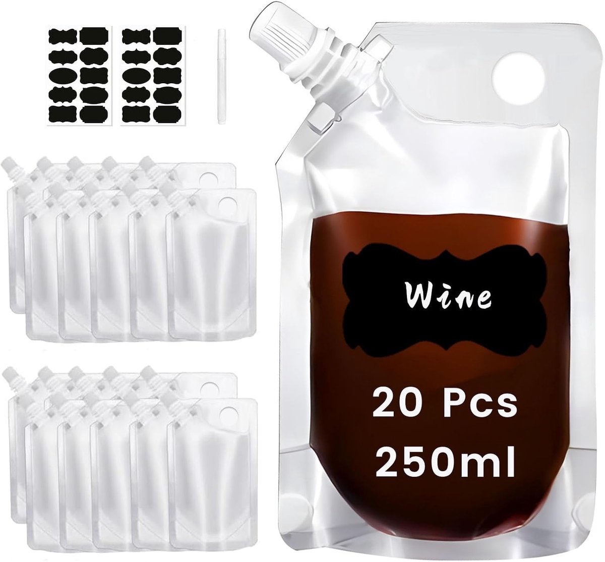 20 stuks 250 ml navulbare drinkzakken, festival, waterzak festival met draaggat, transparante waterzak met etiketten en pen, camping- en festivalbenodigdheden