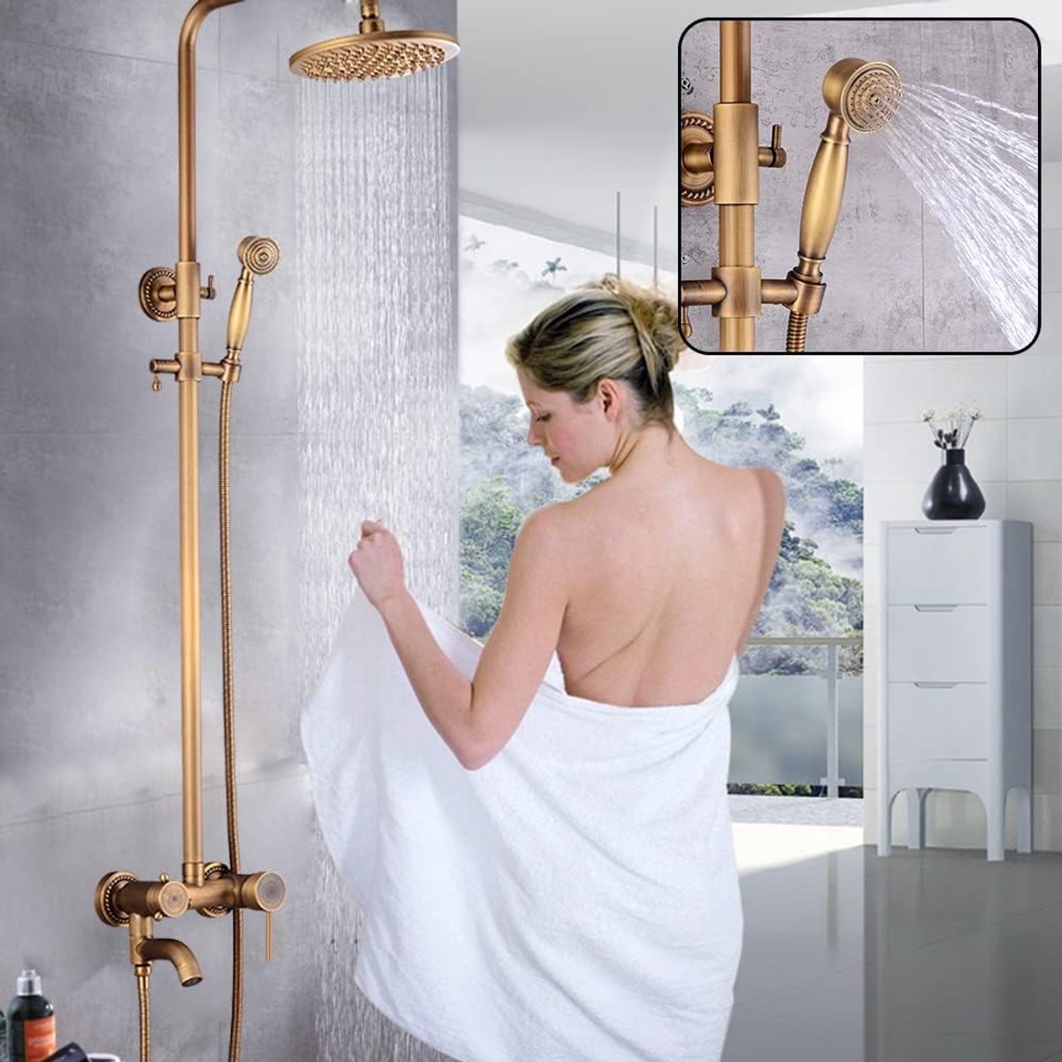 Douche-armatuur, doucheset, douchesysteem, regendoucheset met hoofddouche, handdouche, douchekop, vintage design, baduitloop, keramische stijl, voor bouwmarkt, keuken- en badkranen,