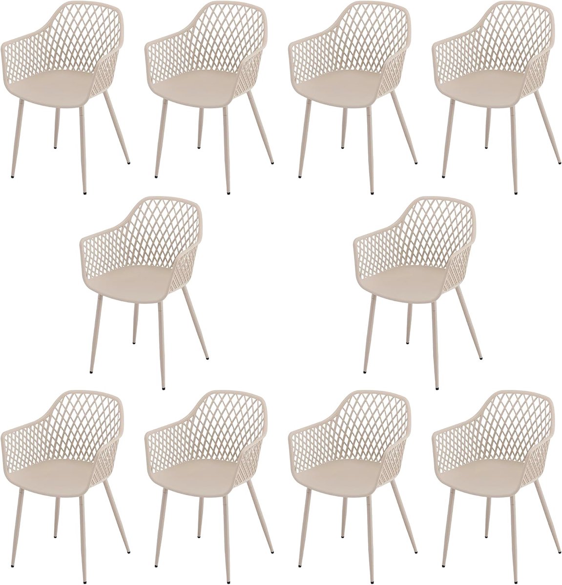 Set van 4 Outdoor Pатио Stoelen, Weersbestendige Tuinstoelen met Armleuningen, UV-bestendige Geometrische rugleuning Balkon Terras Eetstoelen Zwart (10, Khaki)