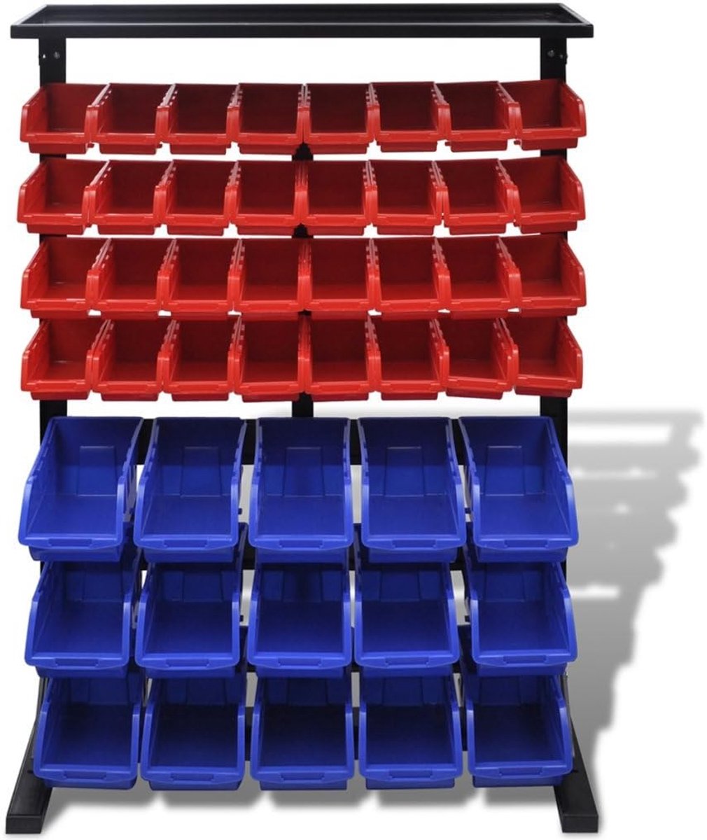 Werkplaatsdozen met staander kijkboxen planken werkplaatswandrek werkplaats opbergen blauw & rood