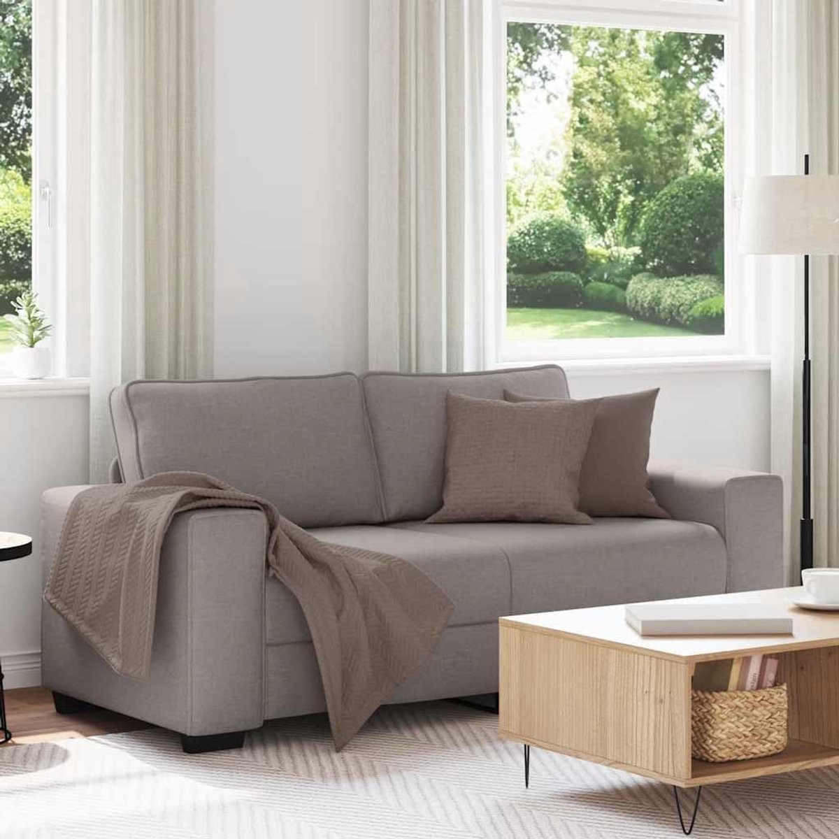 Bank 2-zitsbank taupe 180x77x82 cm stof met robuust houten metalen frame en brede armleuningen woonkamer kantoor of logeerkamer