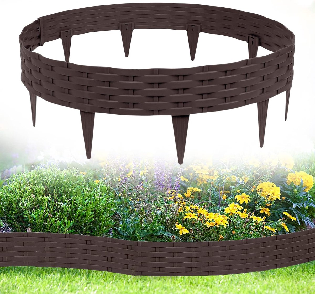 10m Rotan Kunststof Gazonrand met 10 elementen á 100 cm, Rotan Look Design Buigbaar Plastic (Bruin)