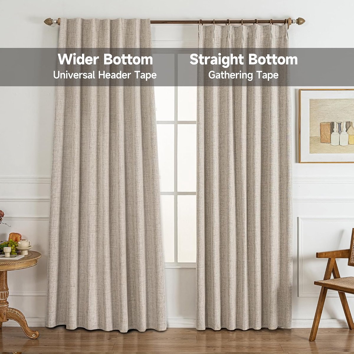 Gordijnen met plooiband, ondoorzichtig, thermogordijn voor slaapkamer, woonkamer, raam, plissé, linnenlook, verduisteringsgordijnen, set van 2, 274 cm lang, 101 cm breed