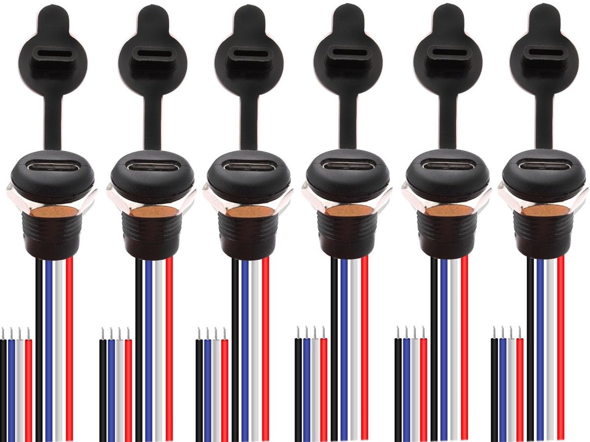 USB-C Connector 6 Stuks - Waterdicht - 4 Pin - Paneelmontage - 3A Snelladen