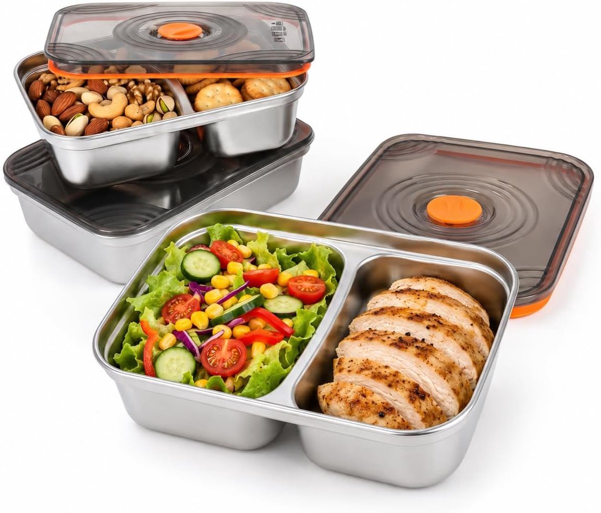 Lunchbox van roestvrij staal, 3 stuks, waterdicht, 600 ml, met 2 vakken en deksel, metalen bento box met ventiel, voor kinderen, volwassenen, school, werk en picknick