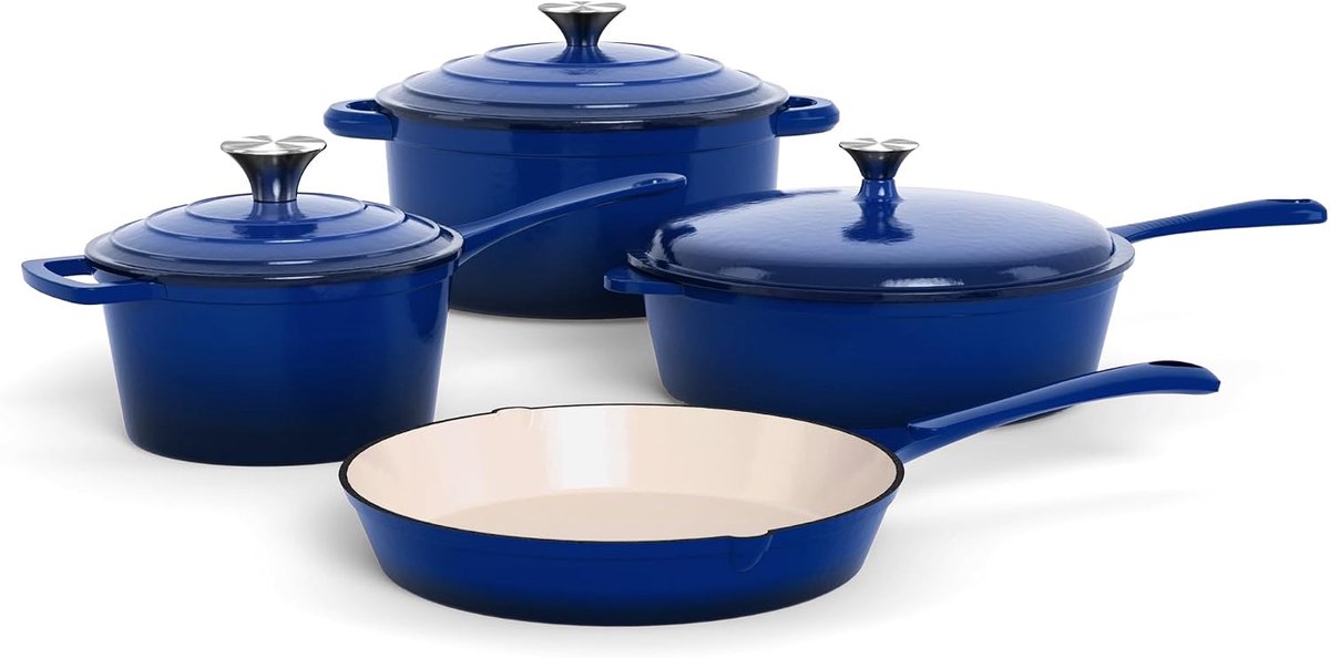 Gietijzeren pan, 7-delige set met Dutch Ovens, blauw