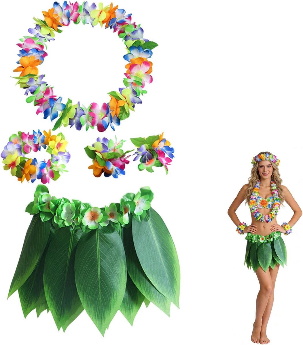 Hawaïkostuum voor meisjes, bladerrok, 5 stuks blad Hularock en Hawaiian Leis, Hularock + bloemenhoofdband + 2 bloemenarmband + halsketting slinger voor vrouwen, meisjes, beachparty, Hawaïparty