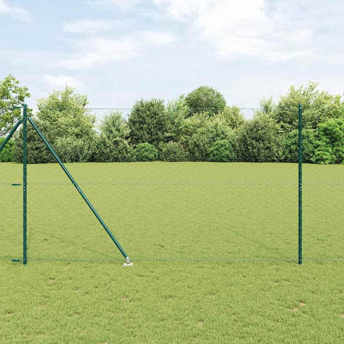 Zeshoekige omheining, groen, 1,6 x 50 m staal, hekpalen met spikes, 13 stuks, Ø 32 mm, 180 cm, verzinkt staal, tuinhek, draadomheining voor hekken, groentebedden, kippenren, weideperceerstuk