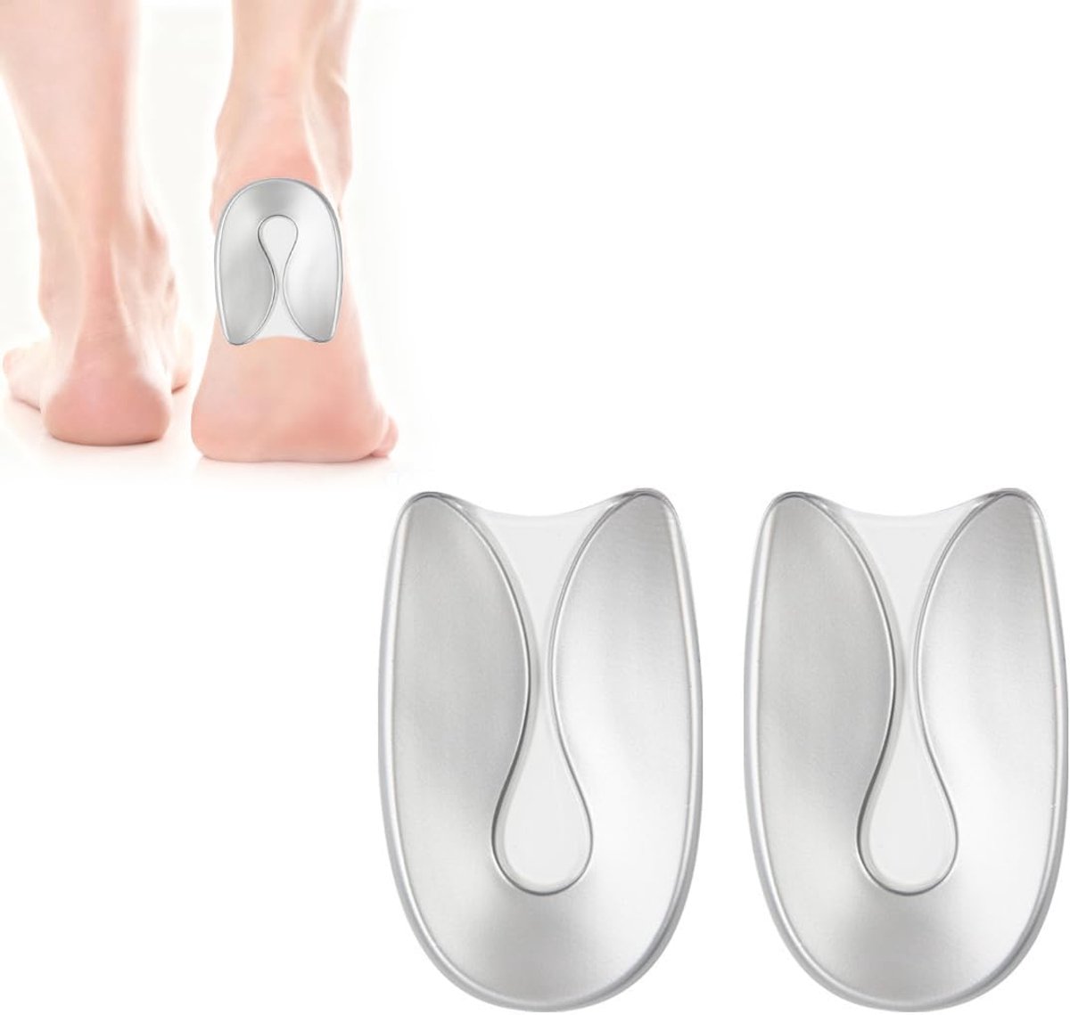 Hielkussen van siliconengel in U-vorm, pijnverlichting bij plantaire fasciitis en hielspoor, maat S, voor schoenen EU 36-40 (zilver)