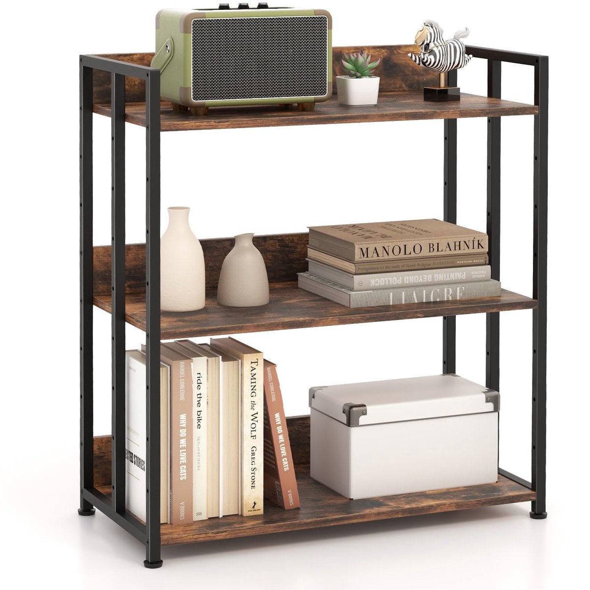 Costway Boekenkast met 3 niveaus, staand rek met verstelbare planken en metalen frame, opbergrek voor woonkamer, keuken, werkkamer, 70 x 35 x 81 cm (rustiek bruin)