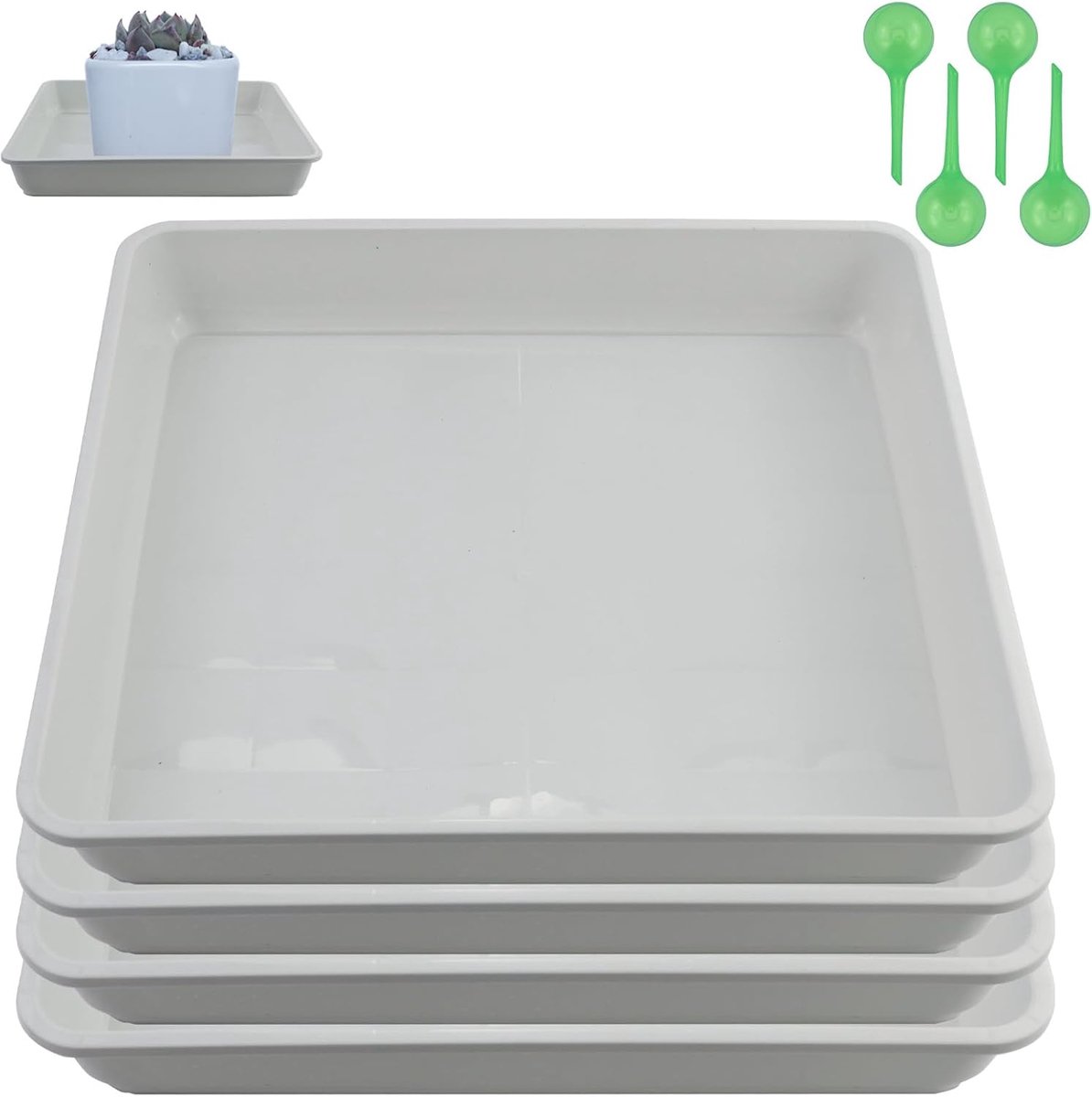 Set van 4 vierkante schoteltjes, 30 cm, voor potten onder 26 cm, voor bloempotten binnen en buiten, kunststof lekbak voor potplanten (wit, 30 cm)