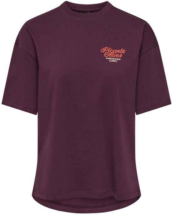 Bordeauxrood T-shirt met ronde hals, verlaagde schoudernaden en oranje 'Picante Olives' tekst op de borst.