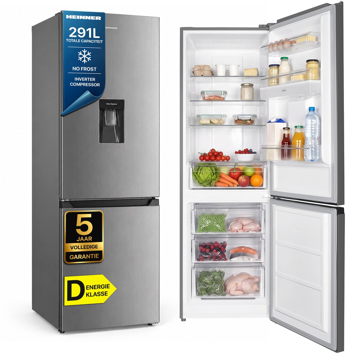 Heinner HCNF-HM291INVXWDD Koel-vriescombinatie – 291 L – Total No Frost – Inverter Compressor – Waterdispenser – Instelbare Thermostaat – LED-verlichting – RVS – 185 cm – 5 Jaar Garantie