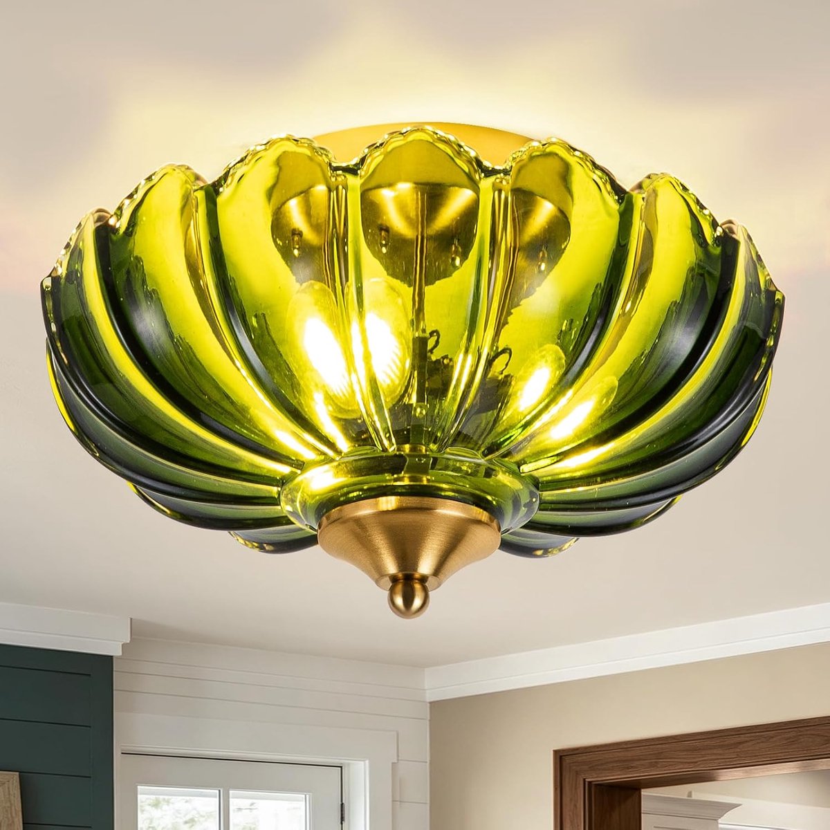 plafondlamp met groene glazen lampenkap, E27, 25cm, retro semi-inbouw plafondlamp met vintage bloemenmotief voor slaapkamer hal keuken eetkamer woonkamer gang - lamp niet inbegrepen