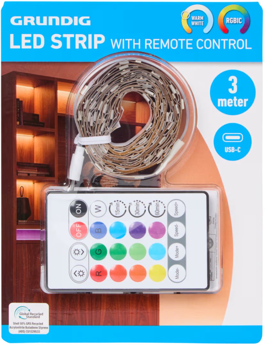 Grundig ledstrip 3 meter - Warm-wit + RGB-kleuren en effecten - Inclusief afstandsbediening