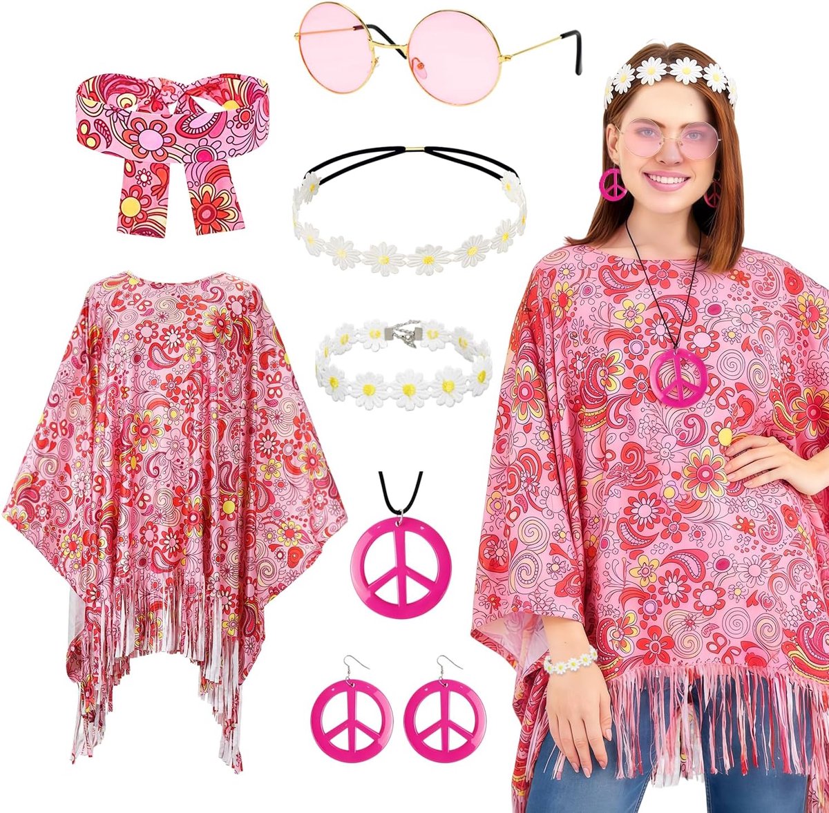 Hippiekostuum voor dames, jaren '60 en 70 hippiekostuum voor dames, carnavalskostuums, hippie dames, hippieponcho, disco, carnaval, hippiefeestkostuum