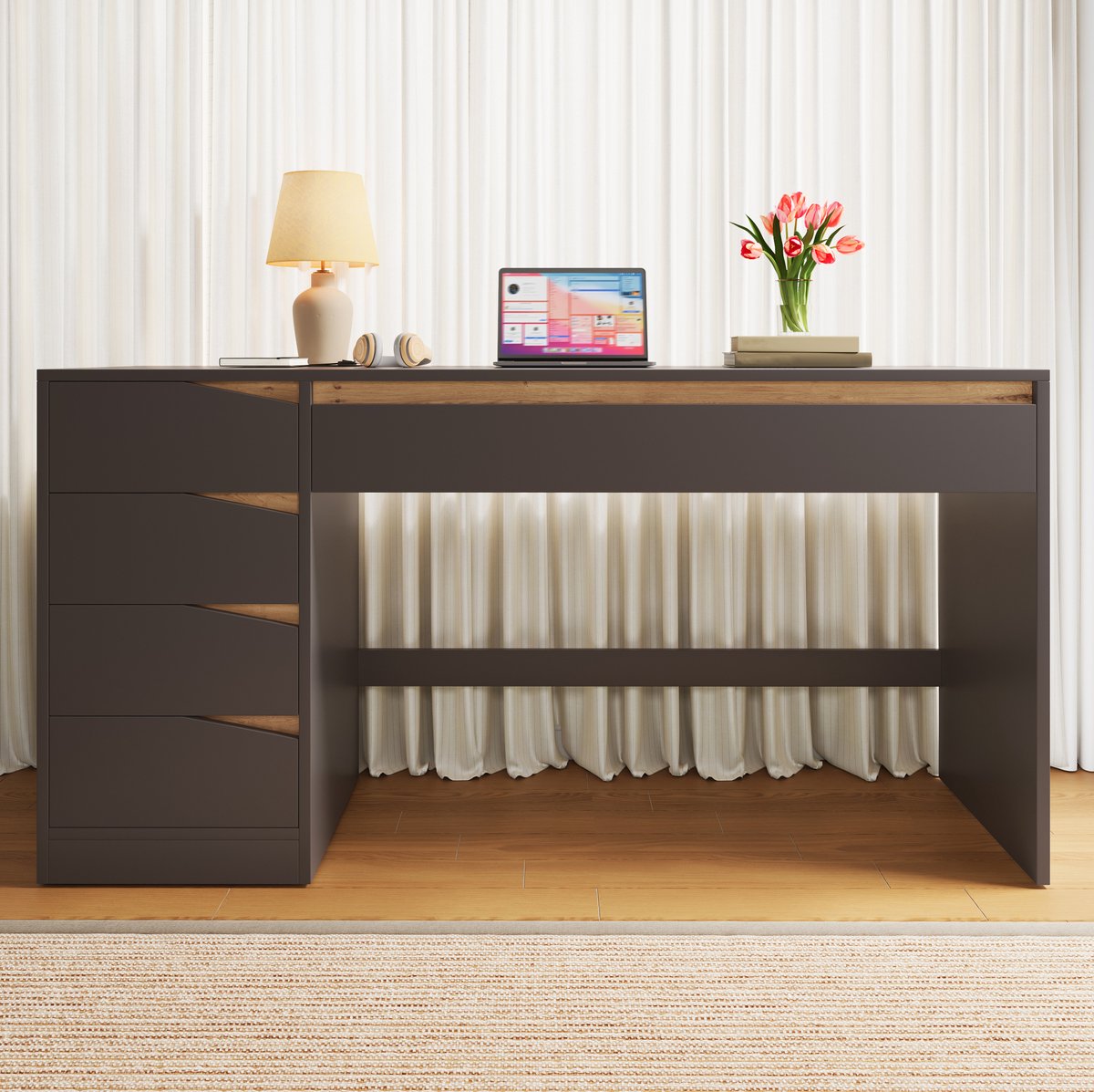 MODENUIT Bureau 140 x 50 cm - 5 Laden - Voor Thuiswerk En Slaapkamer - MDF - Grijs Met Eikendecor