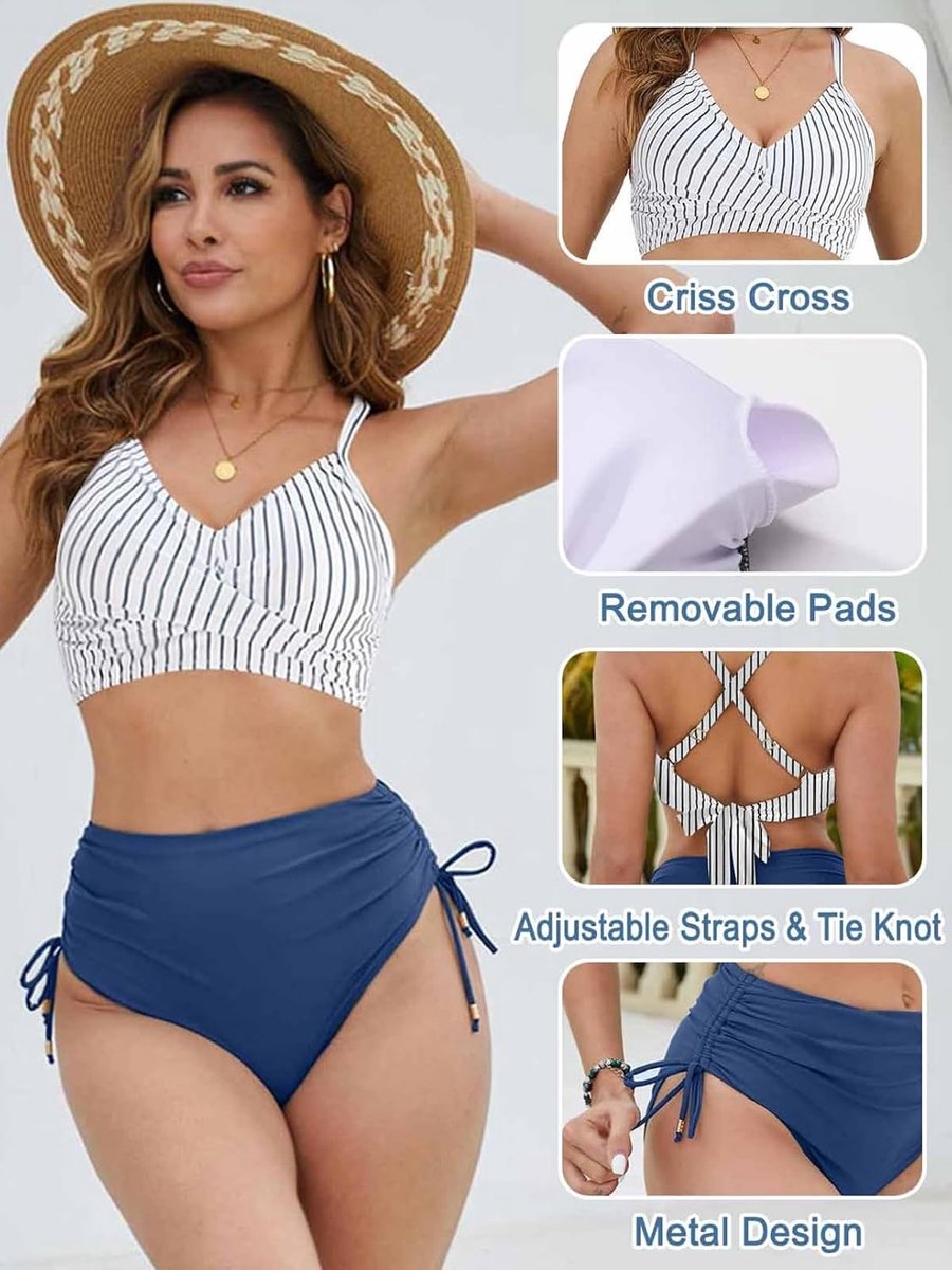Bikiniset voor dames, hoge taille, buikcontrole, badpakken, tweedelige bikinitop met kruis aan de achterkant en aan de zijkanten, trekkoord onderkant, zwemkostuum, gewatteerde badpakken, sexy
