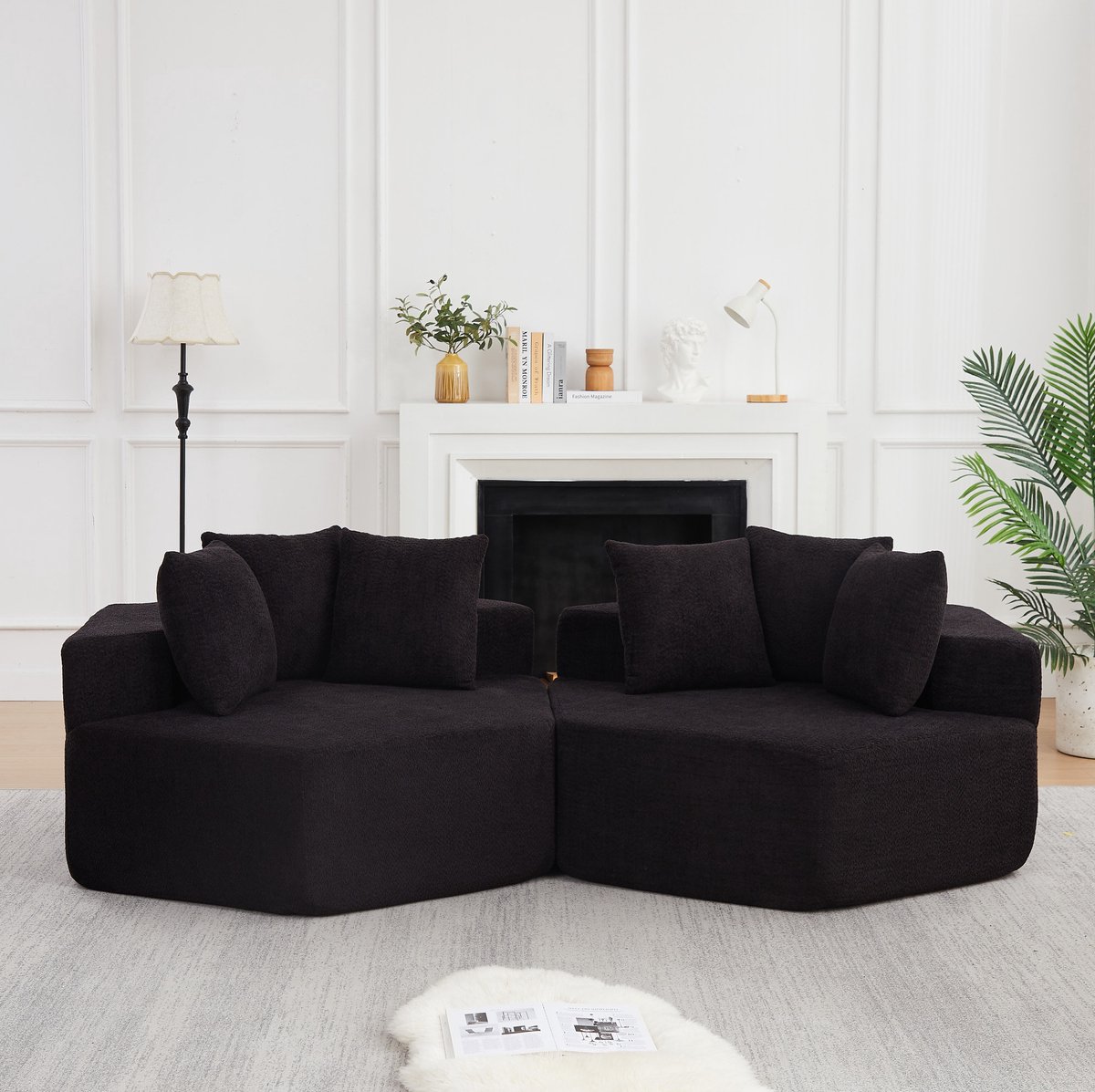 REDOM Fauteuil - Modulair zeshoekig ontwerp - Chenille bekleding - Drie kussens - Antislip onderzijde - Zwart - 122 x 138 x 76 cm