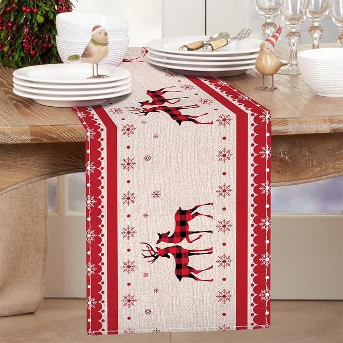 Livatto Kerst tafelloper 230 x 33 cm – linnen look met eland en sneeuwvlok print – rode kerstdecoratie voor eettafel en keuken