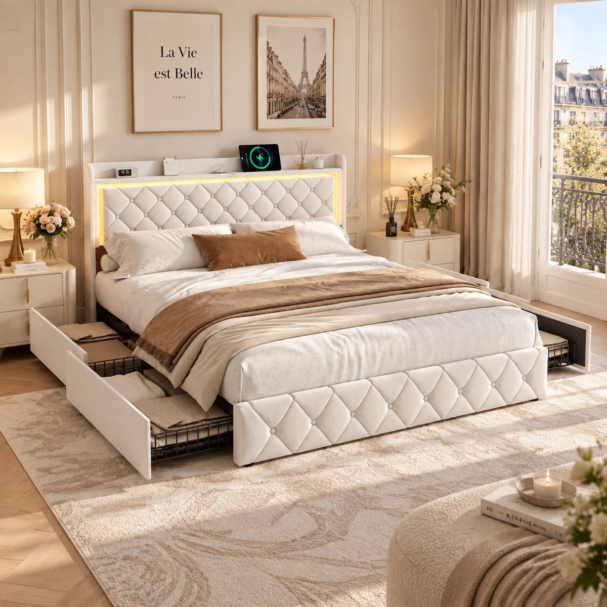 MEXUS Tweepersoonsbed 140x190 cm met led- en USB-aansluiting, Opbergbed 140x190 cm met 4 lades en gestoffeerd hoofdbord, fluweel, Beige