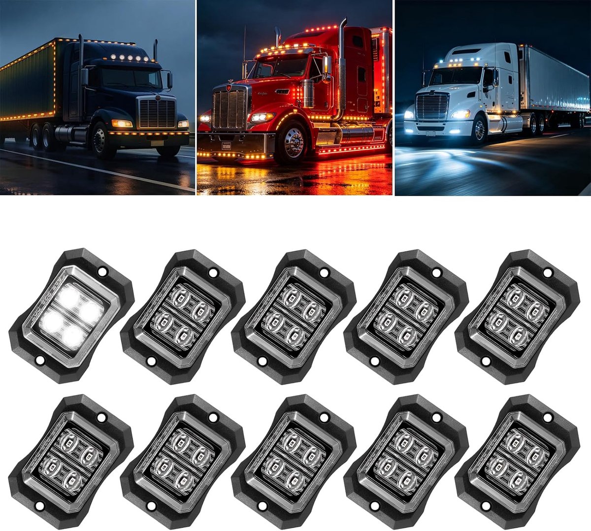 10 x led-markeringslampen, 12 V-24 V, dubbele rij, rechthoekig, met 4 leds, universeel, waterdicht, voor vrachtwagen, bestelwagen, aanhanger, auto, boot (wit)