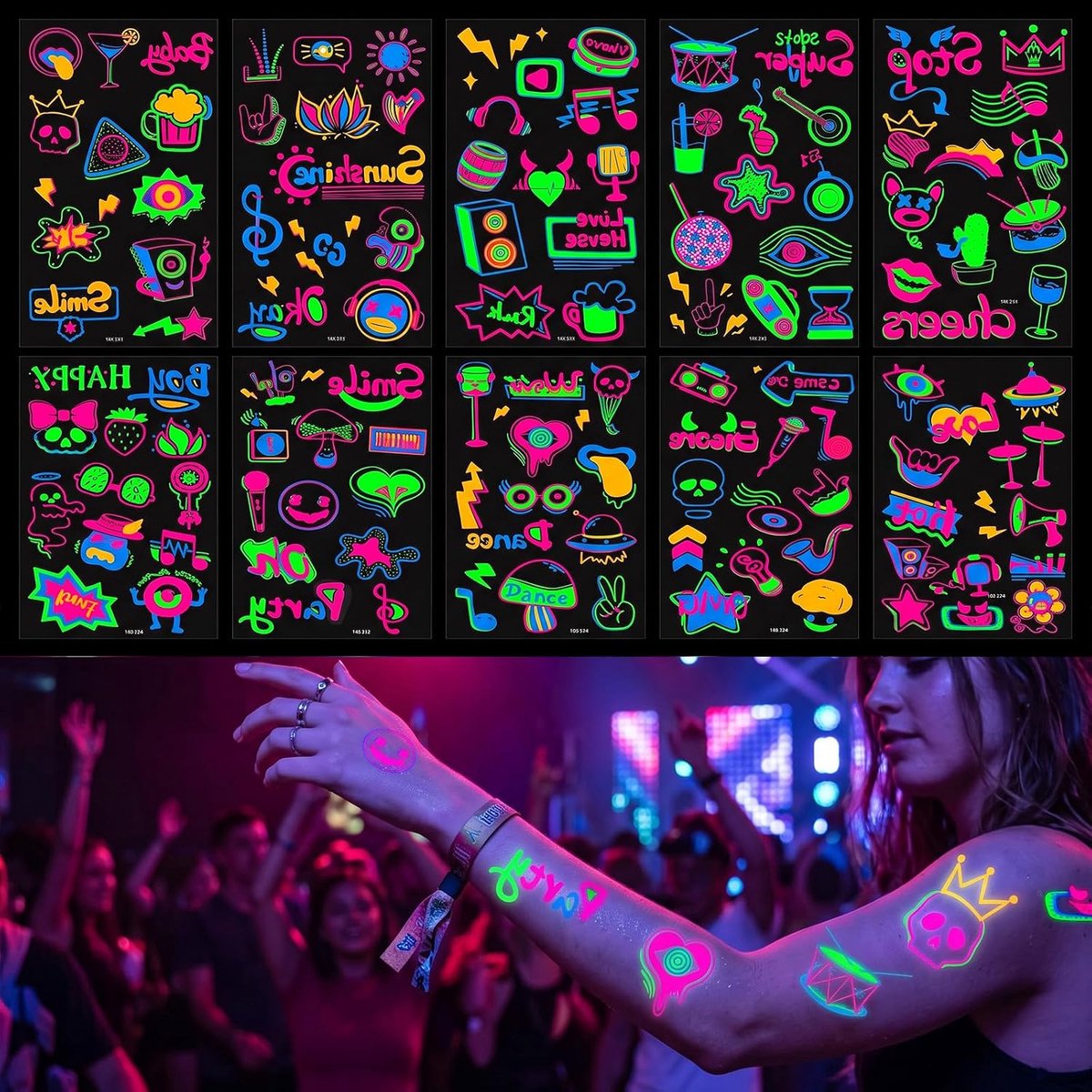 Uv-tatoeages voor volwassenen, 10 vellen, festivaltatoeages als neon