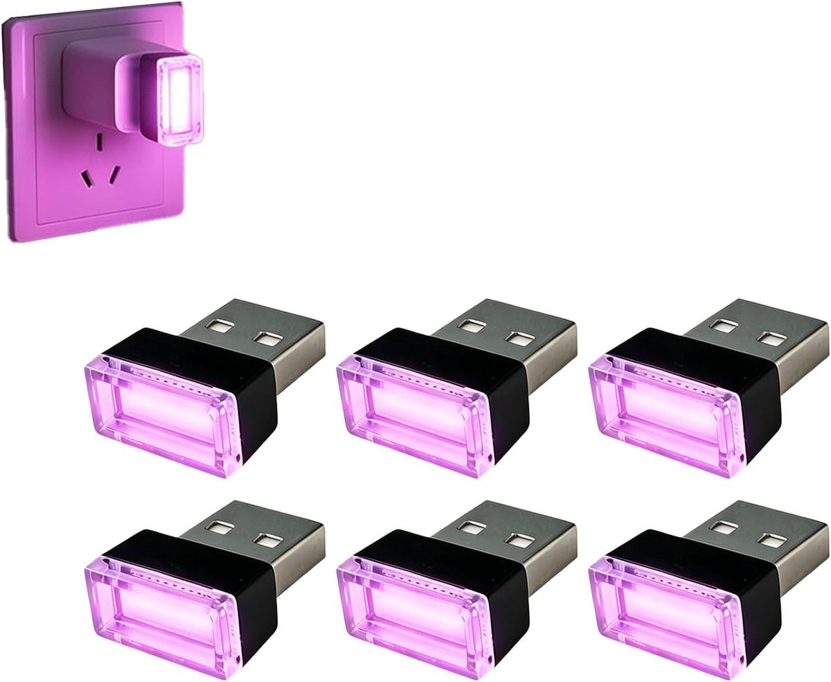 Set van 6 autoverlichting, sfeerverlichting, led, USB, sfeerverlichting voor auto, pc, laptop, plug-play, mini-nachtlampje, kleurrijk wisselend (roze paars)