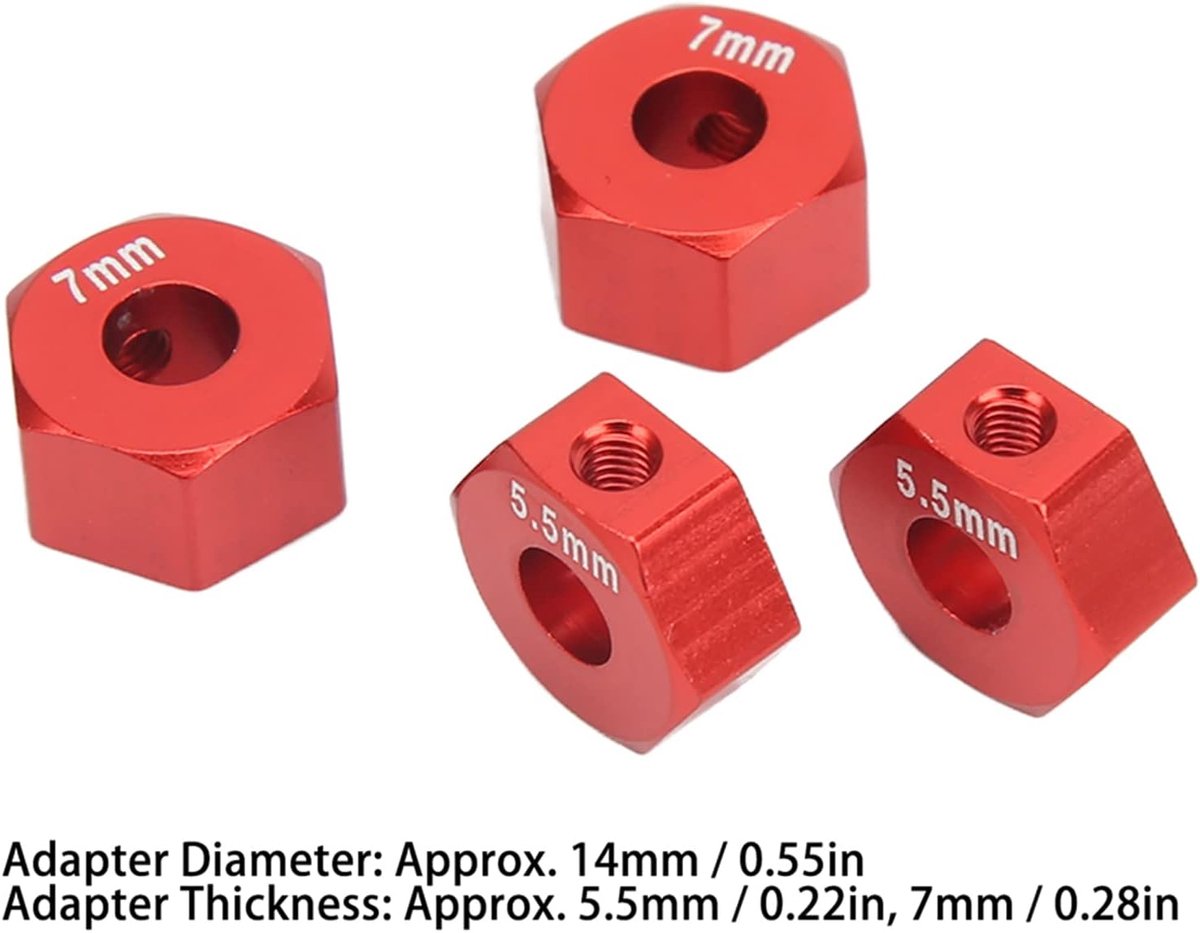 Wielnaaf, 4-delige aluminiumlegering 14 mm diameter, 14 mm RC wiel zeskant, 5,5 mm 7 mm dikte accessoire set kit voor Traxxas 1/10 Slash 4x4 Rustler Stampede Slash 2WD(Rood), RC wielnaaf RC He