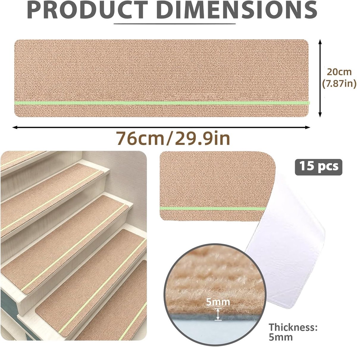 Trapmatten matten antislip zelfklevend met glow-strepen-beige
