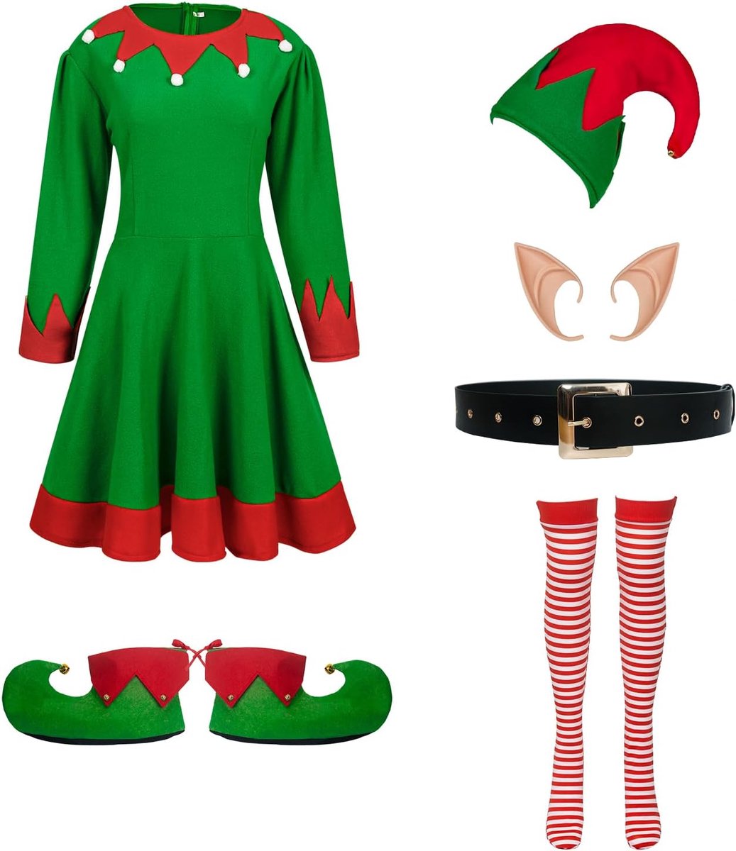Kerstkostuums voor dames, 6-delige elfjurk, riem, hoed, sokken, sokken, voor Kerstmis, carnaval
