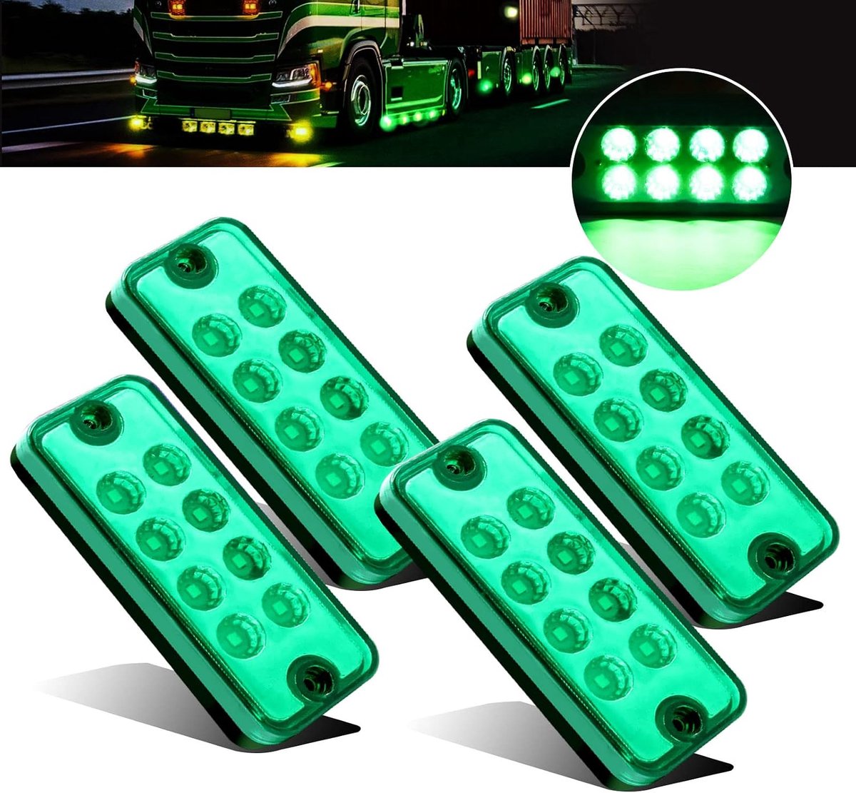 12 V/24 V, 8 leds, zijmarkeringslichten voor, achterlichten, universeel, indicator, positielampen voor vrachtwagen, aanhanger, bestelwagen, auto, bus, boten, groen, 4 stuks