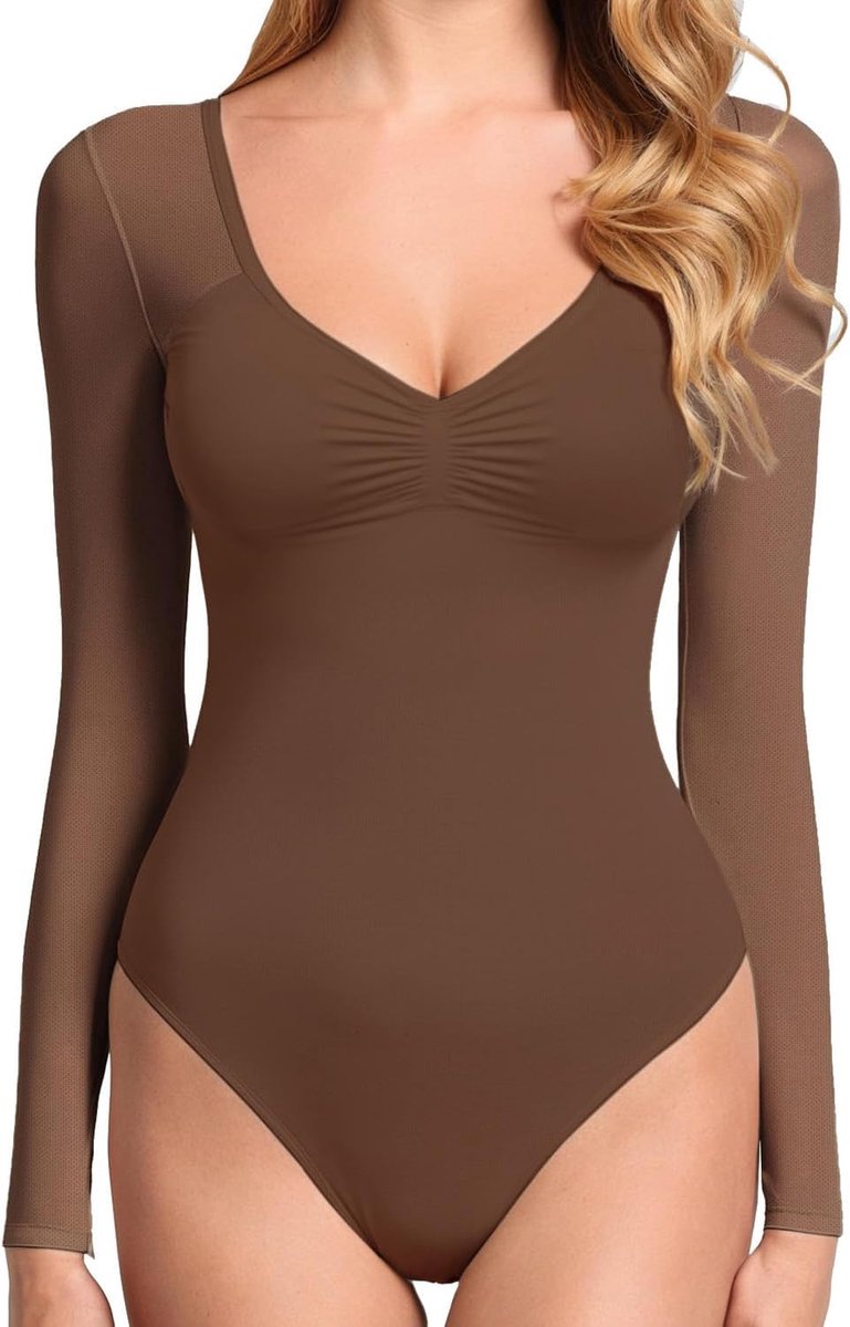 Bodysuit voor dames, V-hals, lange mouwen, bodypak, vormende body's, bevat een rok