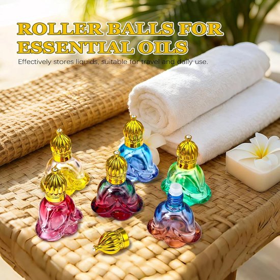 6 Stuks 8ml Roll-On Flessen van Gekleurd Degradé Glas in Roosvorm, Etherische Olie Roller Vintage Goud met Glazen Rollerbal, Leeg, Hervulbaar voor Parfum, Aromatherapie, Massage — afbeelding 2