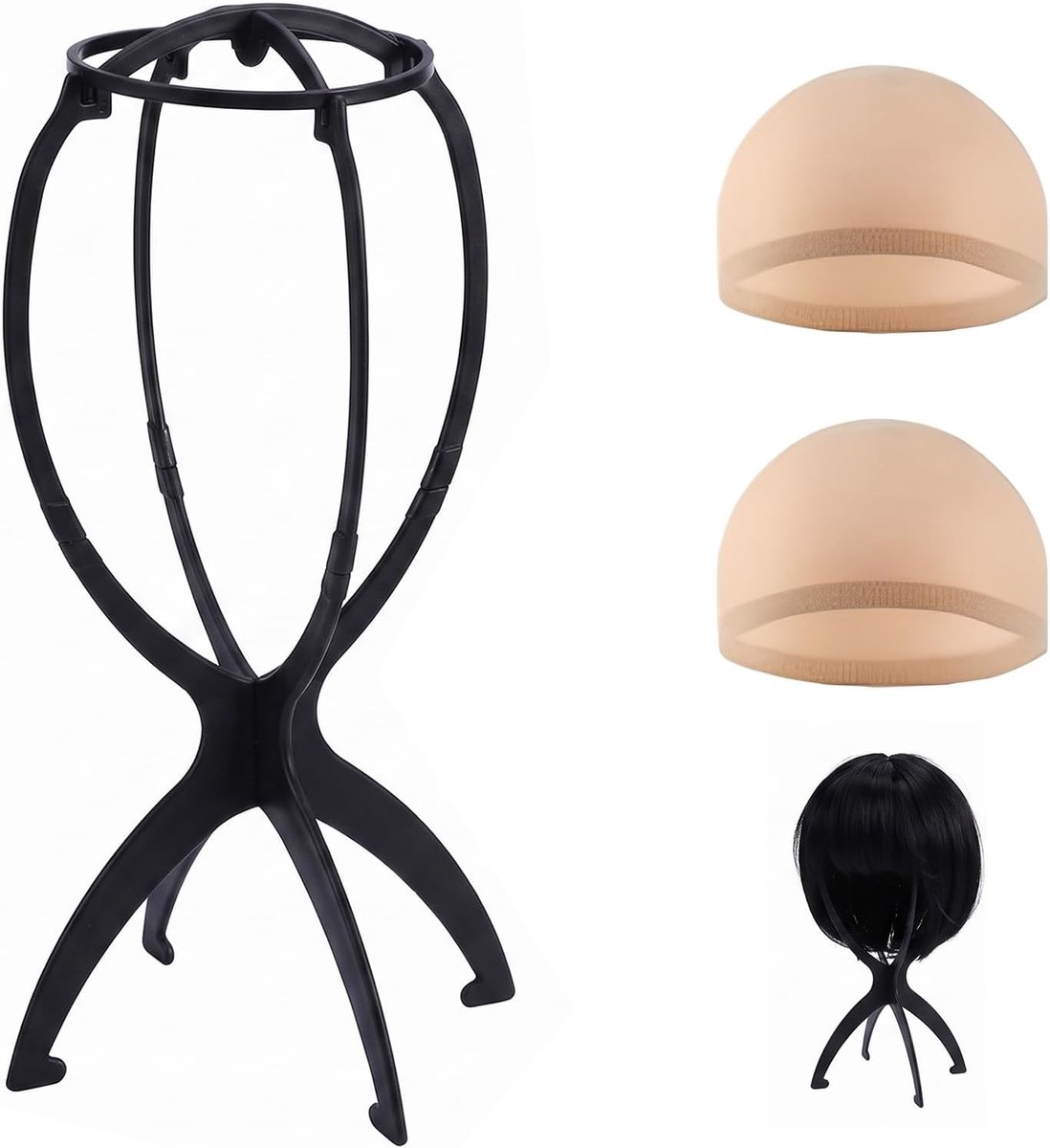 1 x pruikenstandaard, 35 cm, met 2 cadeaunetjes, draagbare en opvouwbare pruikhouder, tentoonstellingsstandaard voor damespruiken en etalagepoppen, kappersaccessoires, zwart