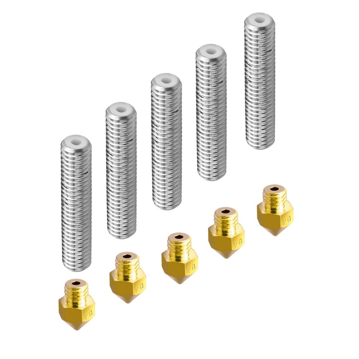 5 stuks 30 mm lengte extruder 1,75 mm buis en 5 stuks 0,4 mm messing extruder mondstuk printkoppen voor MK8 Makerbot Reprap 3D-printer