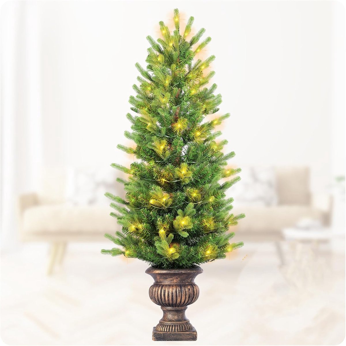 Prelit Kerstboom in pot met verlichting, 1,2 m batterij, snoerloze kunstmatige indoor outdoor vakantiedecoratie voor veranda, terras, balkon of entree, automatische timerfunctie