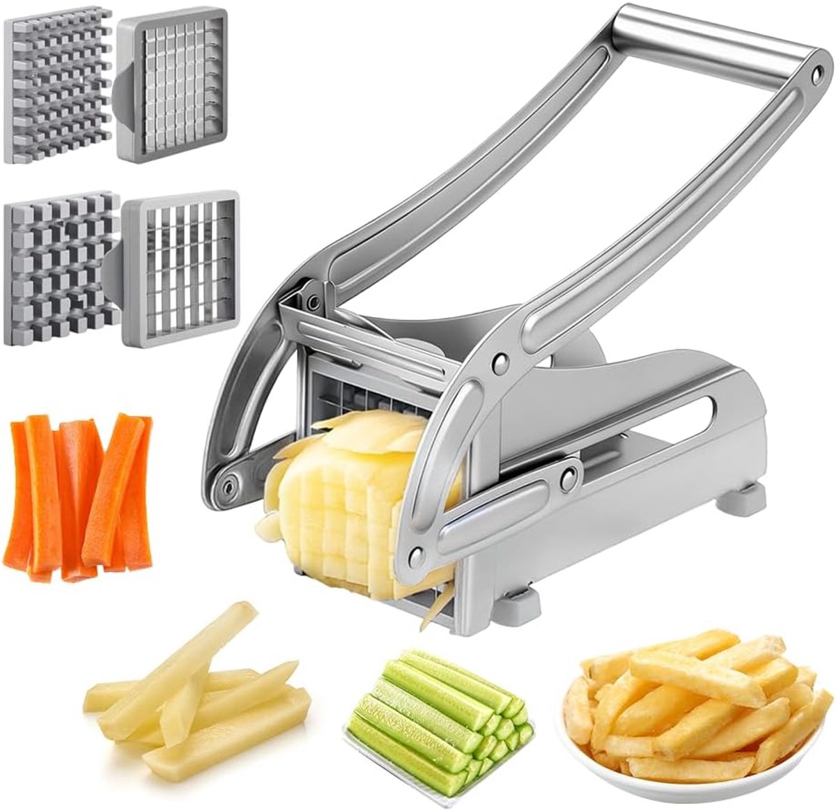 roestvrij staal, frietsnijder, aardappelsnijder met 2 mesmaten (36/64 rooster), frietpers met antislip rubberen basis, professionele groentesnijder
