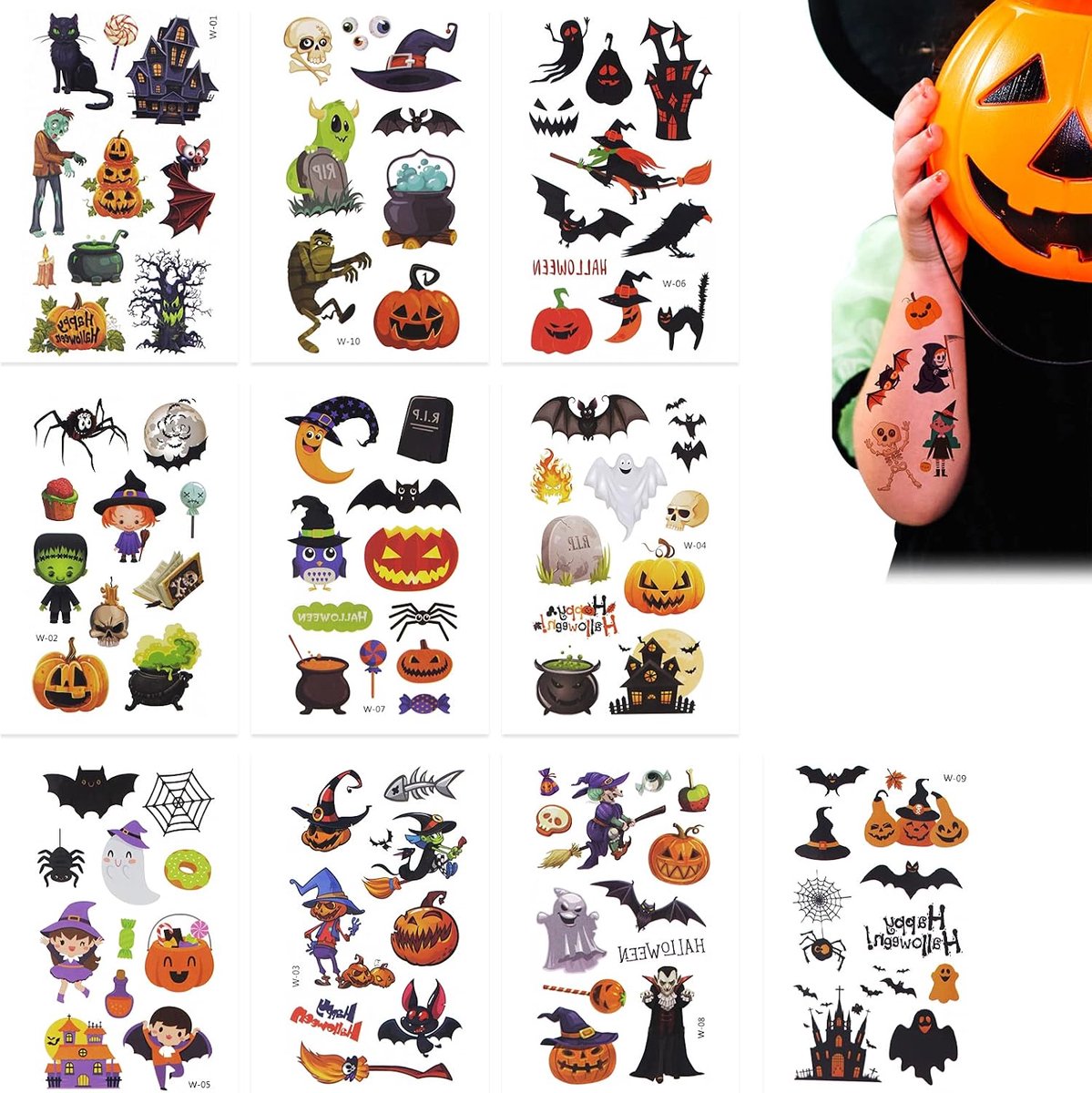 Tattoo voor kinderen, Halloween-tatoeages, tijdelijke tatoeages voor kinderen, waterdichte stickers, cartoon-tattooset, Halloween, voor jongens en meisjes, maskerade tattooset