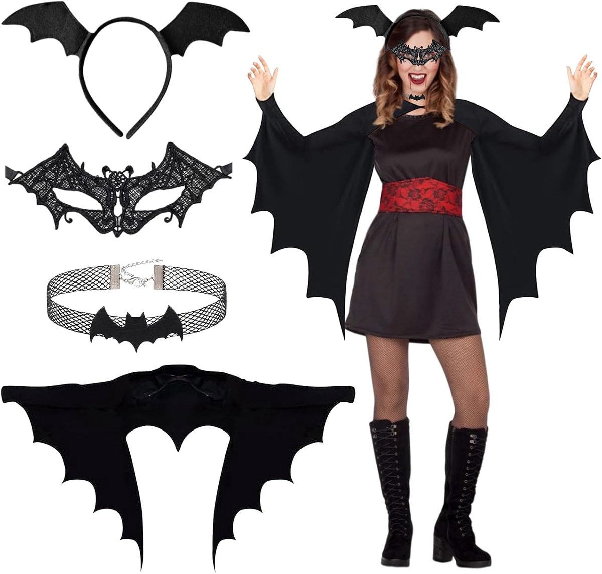 Vleermuiskostuum voor dames, cape, dierenkostuum, vampierkostuum, vleermuisvleugels met masker, haarband, halsketting, vleermuis, dameskostuum, themafeest, Halloween, carnavalskostuum, cosplay