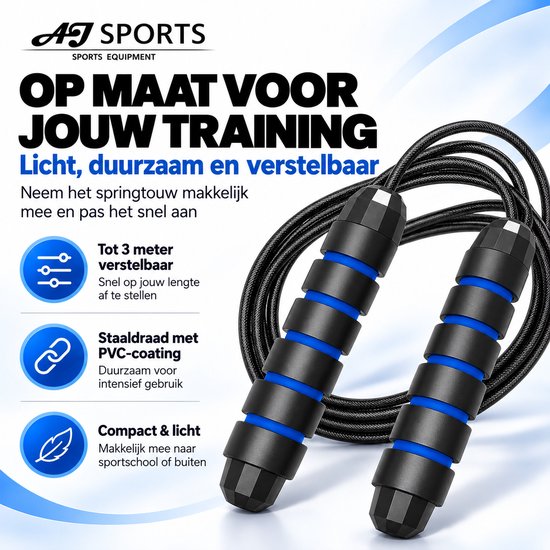 Zwart springtouw met blauwe en zwarte handvatten, met tekst 'Op maat voor jouw training' en pictogrammen.