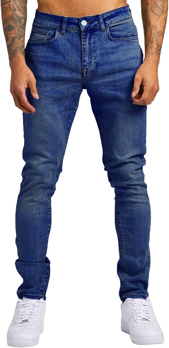 Jeans voor heren, slim fit, gescheurde jeans, rechte pijpen, modieus, comfortabele broek met flexibele taille, Donkerblauw, 30