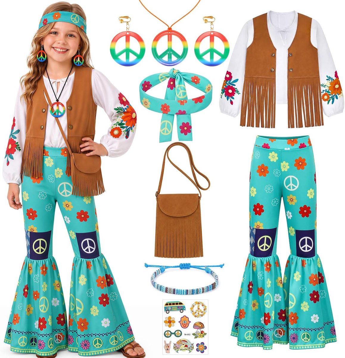 Hippiekostuum voor meisjes, hippiekostuum, Halloween, carnaval, kinderen