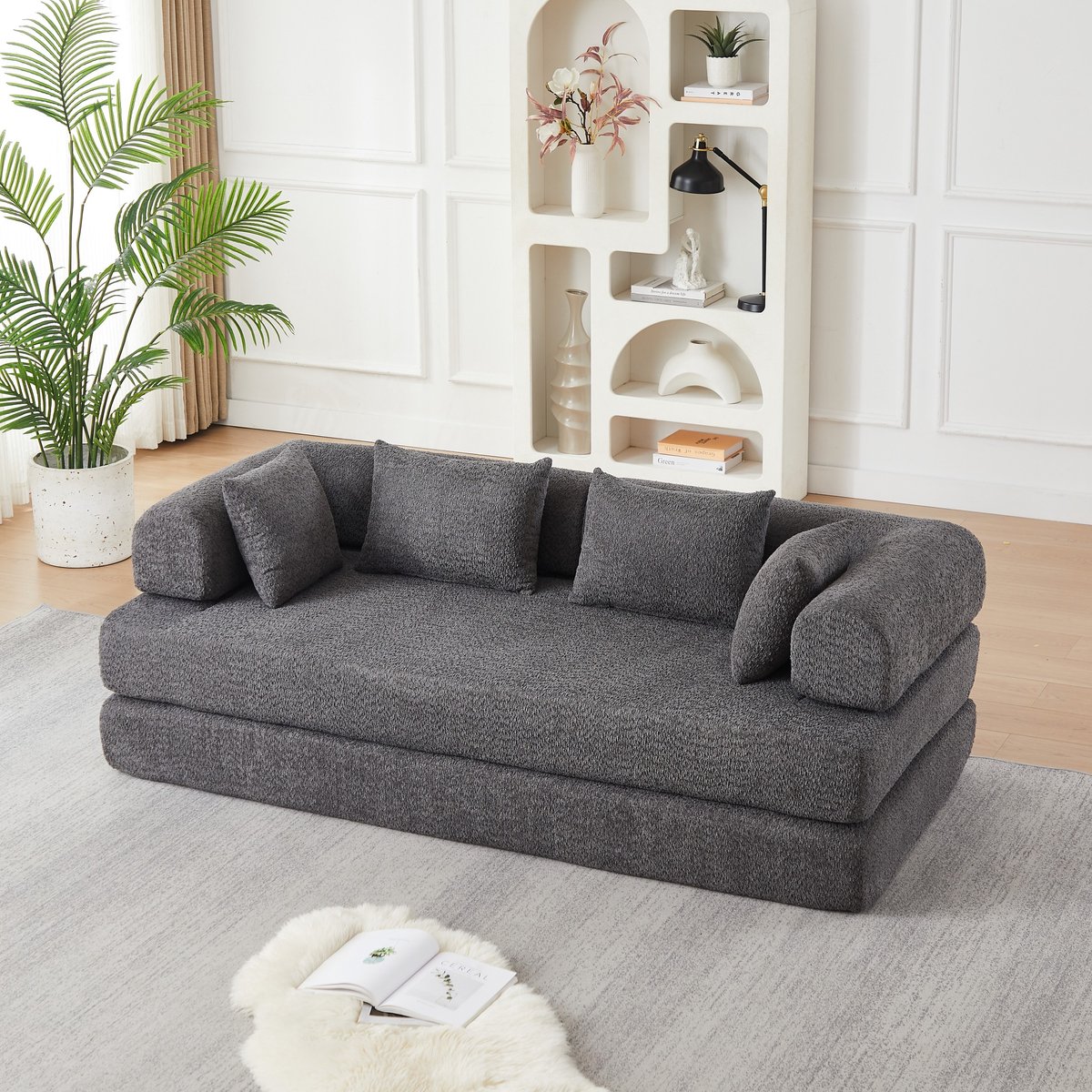 PHOEBE CAT Tweezitsbank - Slaapbank - Chenille - Geen montage nodig - Met 4 kussens - Modulair ontwerp - Grijs